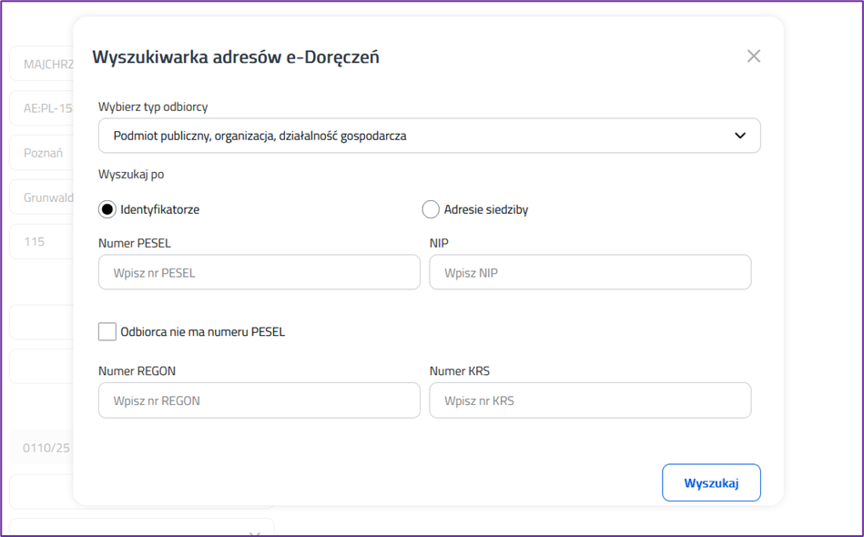 Wyszukiwarka adresów eDoręczeń w eKancelarii